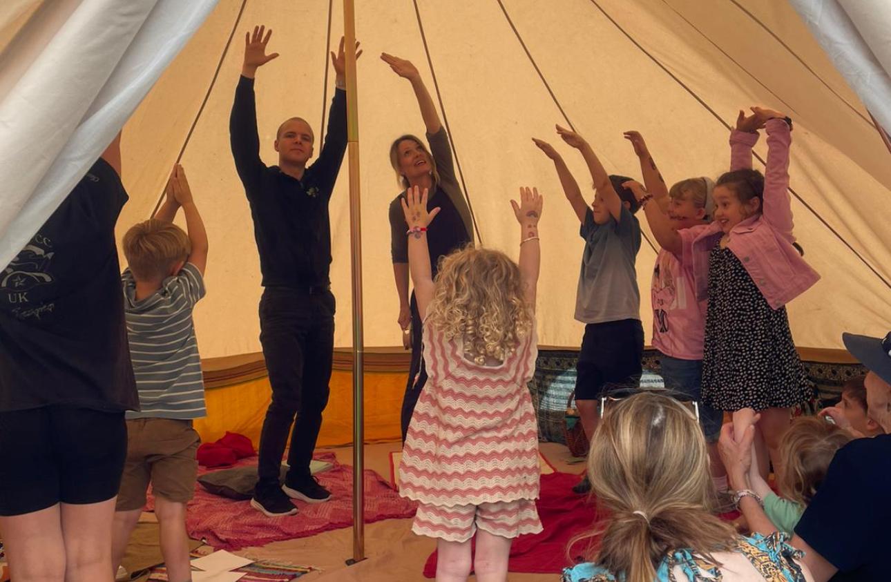 Storytellers Rachel and Moniker inside the storyteller tent
